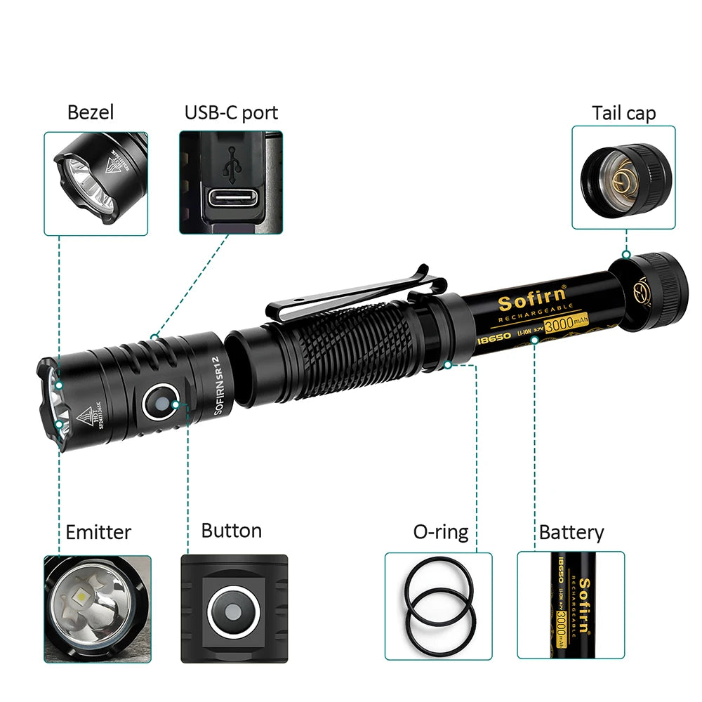 π¦ Sofirn SR12 Tactical LED Flashlight β 1450 Lumens, USB-C Rechargeable, IP68 Waterproof