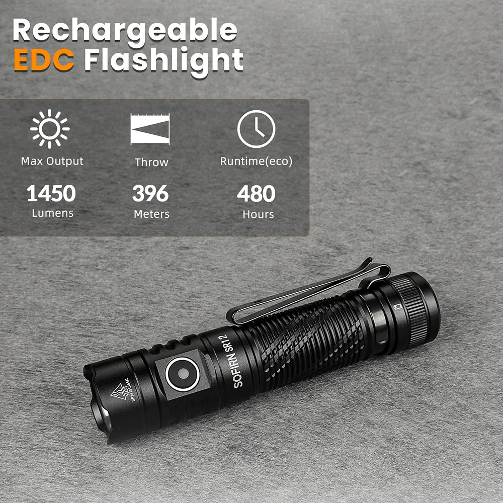 π¦ Sofirn SR12 Tactical LED Flashlight β 1450 Lumens, USB-C Rechargeable, IP68 Waterproof